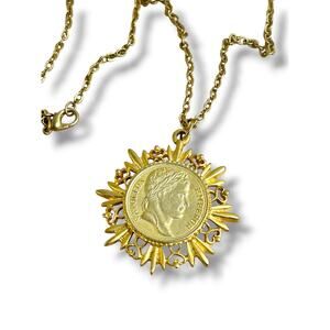 Gold Tone Napoleon Emperor Coin Sunburst Star Pendant Necklace Roman Revival